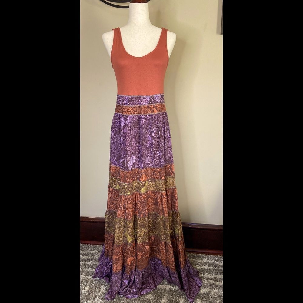 Anthropologie Colima Boho Tiered Flowy Snake Print Maxi Dress Size Medium